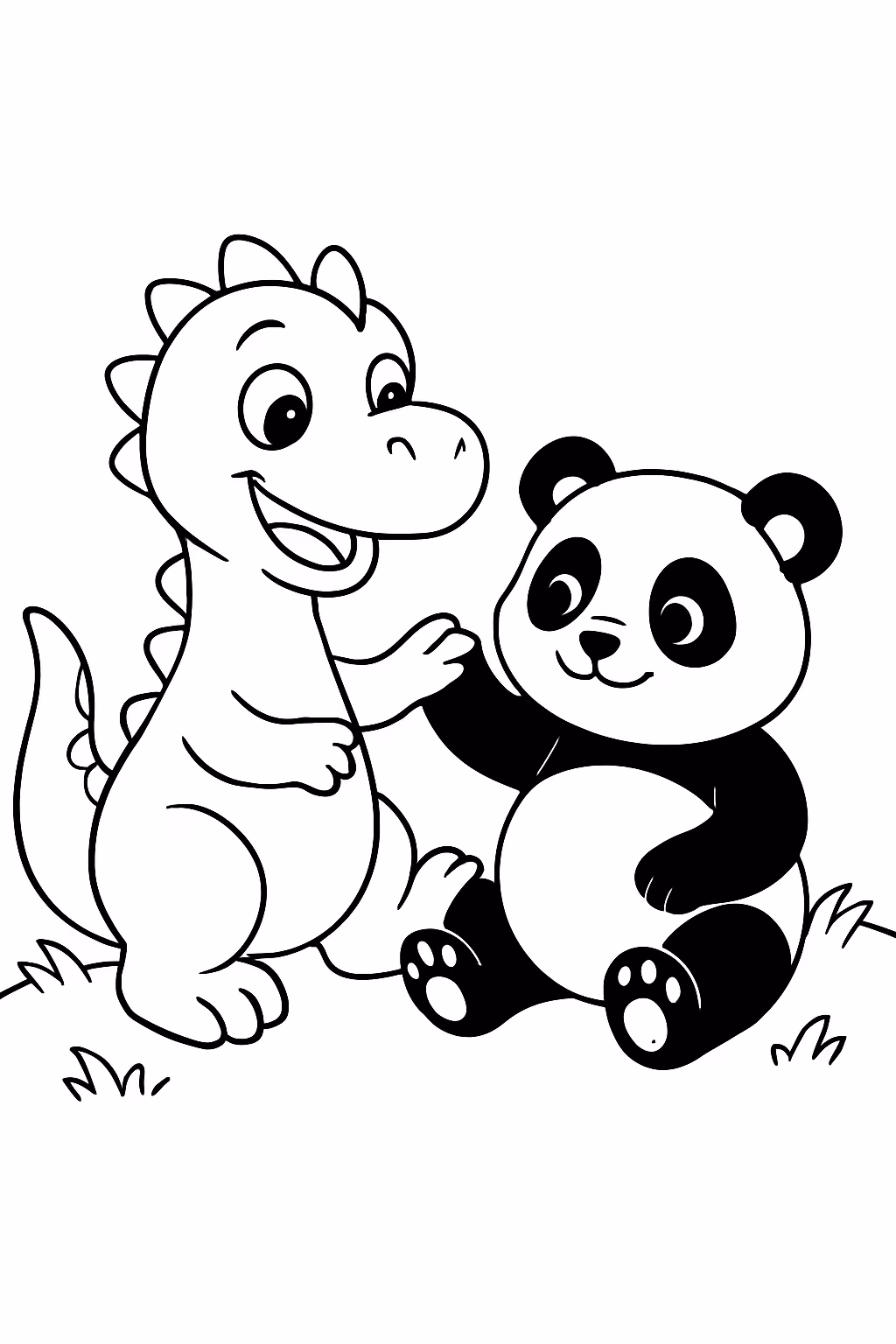 Dinossauro brincando com urso panda para colorir — desenho para imprimir