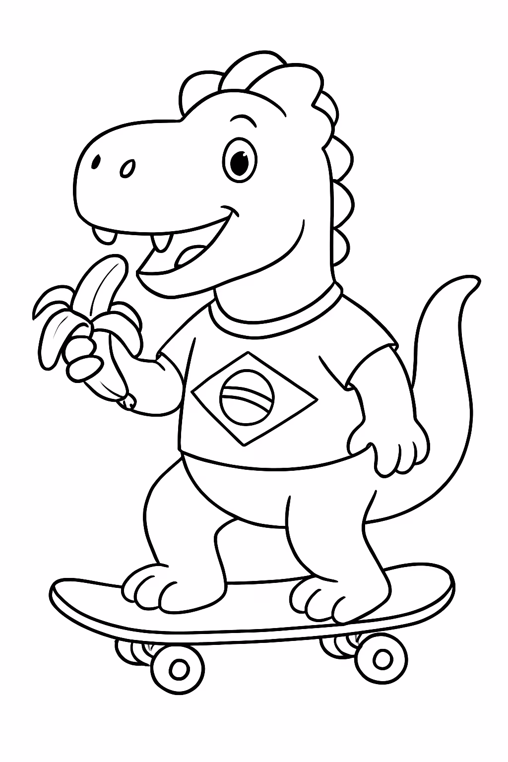 Dinossauro de skate comendo banana com a camisa do brasil para colorir — desenho para imprimir
