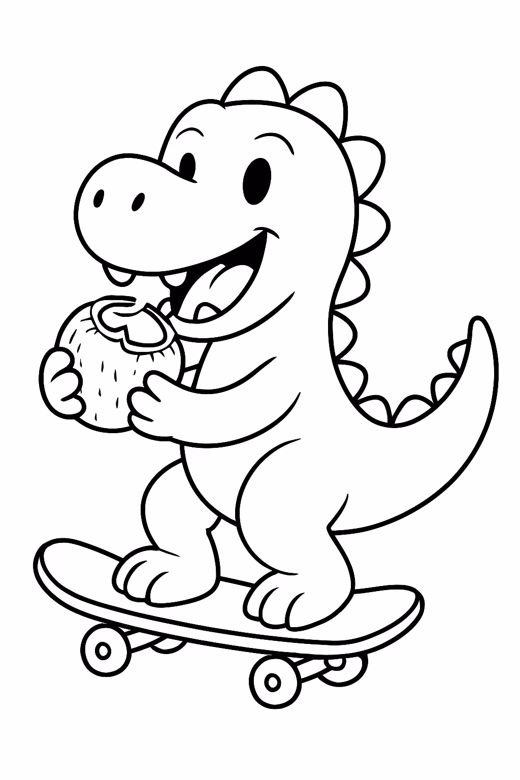 Dinossauro de skate comendo coco para colorir — desenho para imprimir