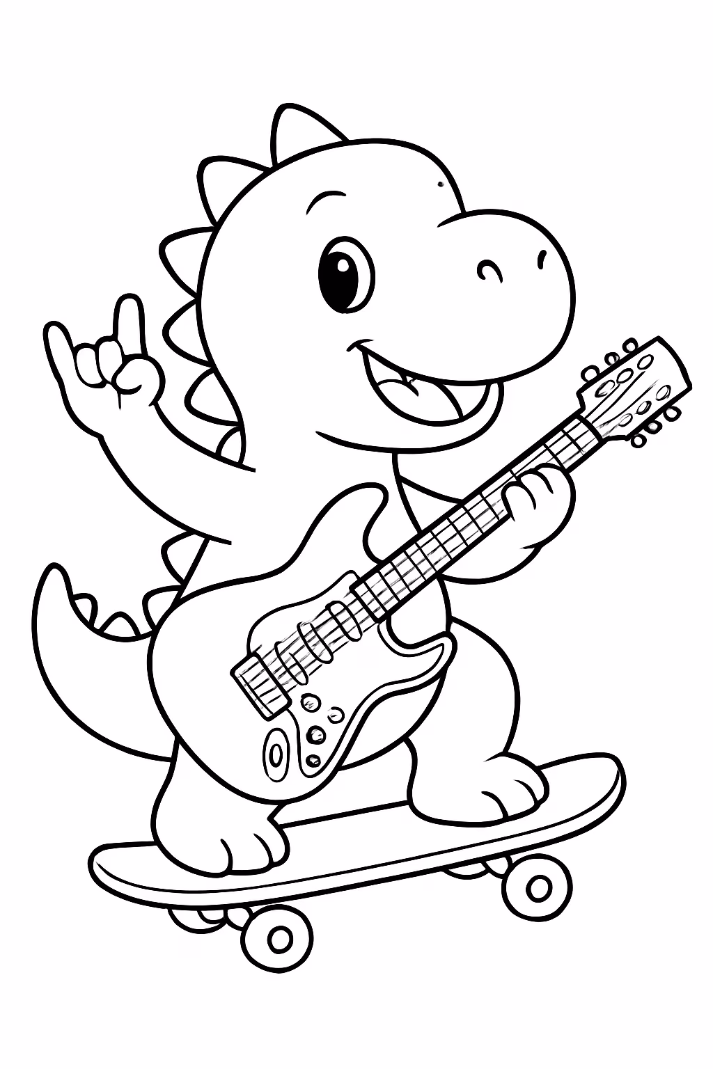 Dinossauro fofinho andando de skate e tocando guitarra e rock para colorir — desenho para imprimir
