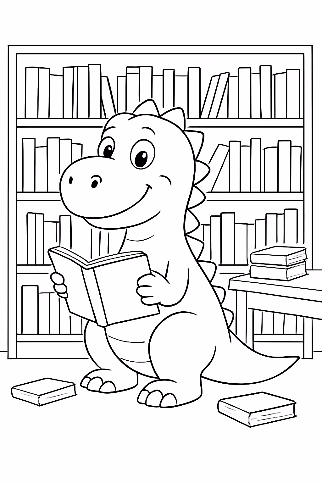 Dinossauro na biblioteca para colorir — desenho para imprimir