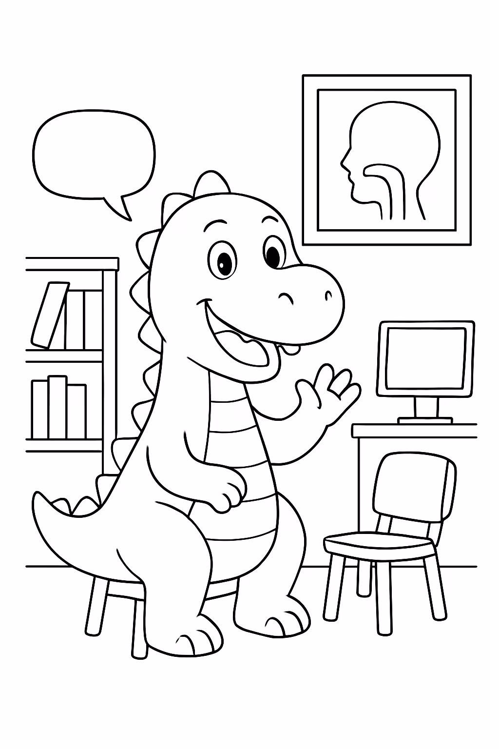 Dinossauro na sala da fonoaudiologa para colorir — desenho para imprimir