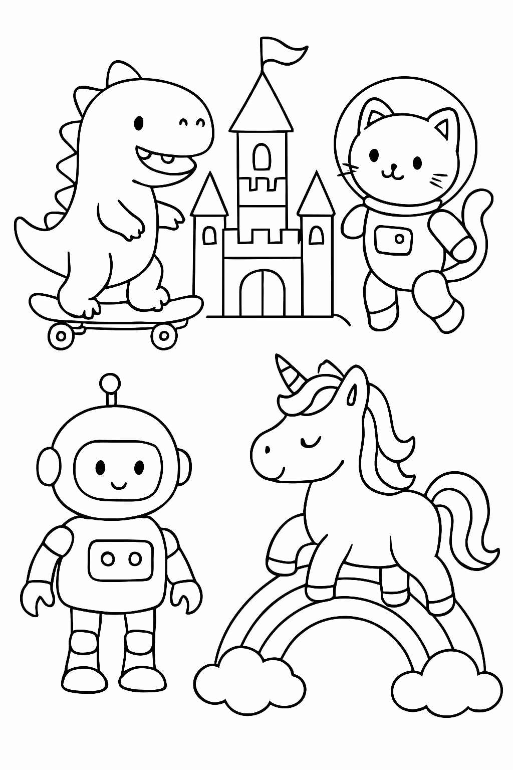 Dinossauro skatista castelo de princesa gatos astronauta robo fofo unicornio para colorir — desenho para imprimir