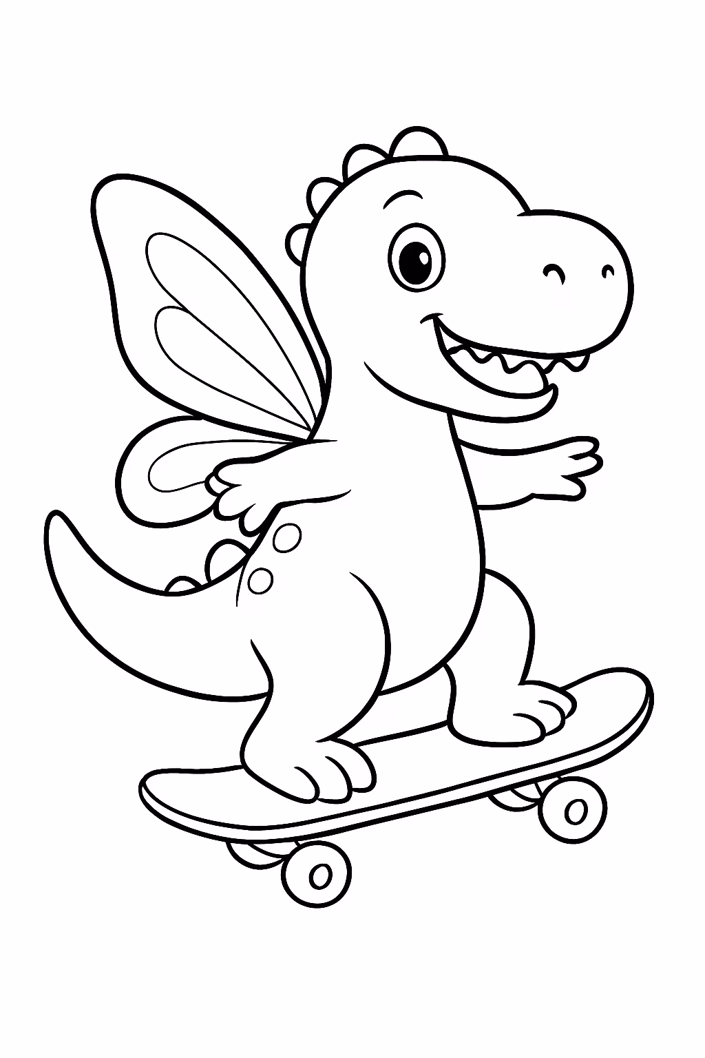 Dinossauro skatista com asas de fada para colorir — desenho para imprimir