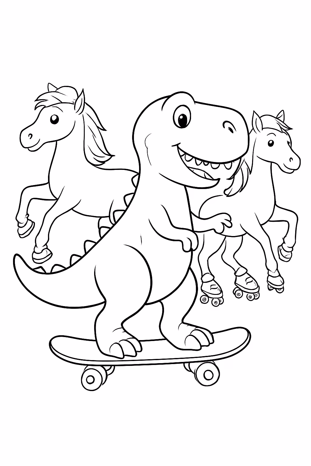 Dinossauro skatista com cavalos andando de patins para colorir — desenho para imprimir