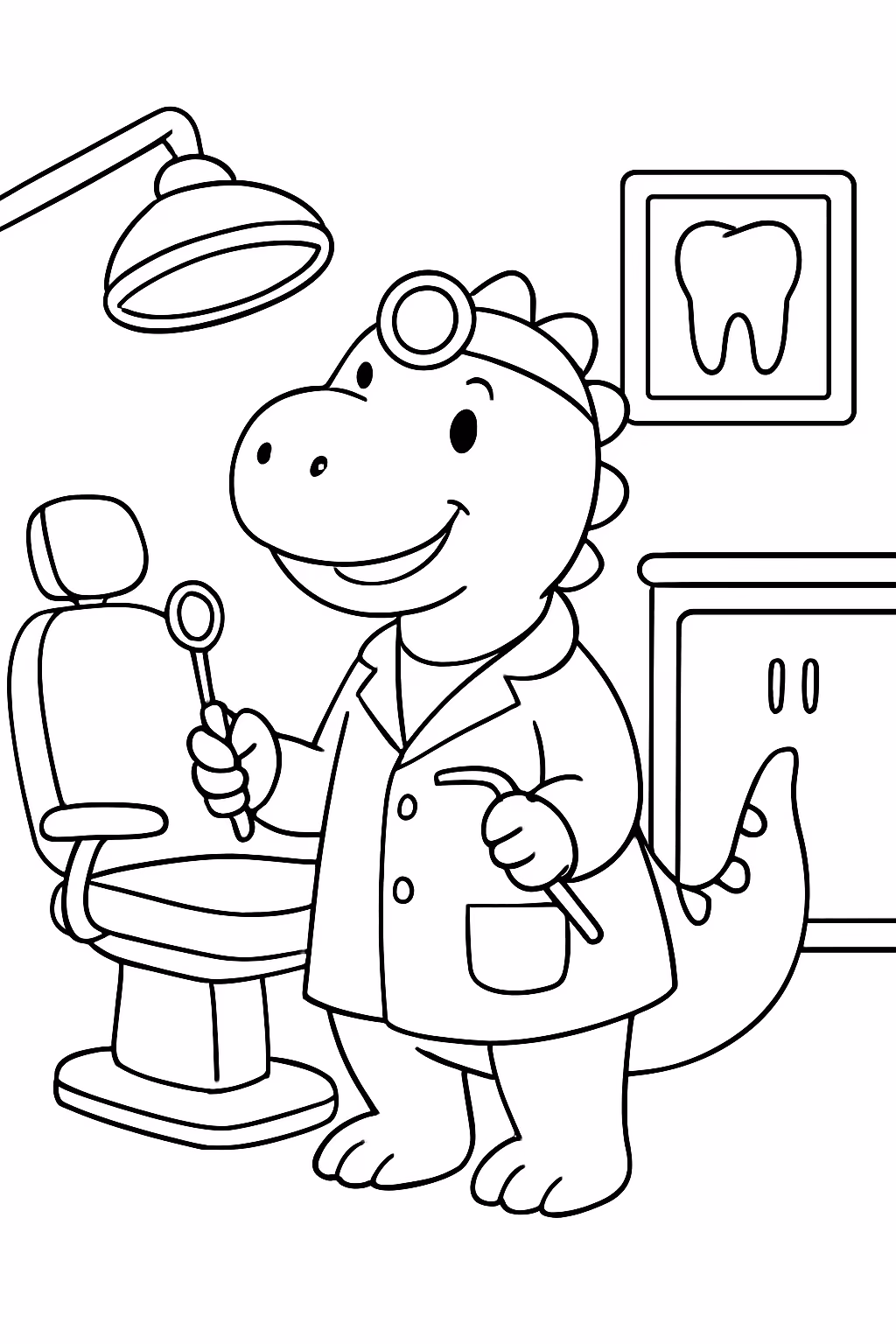 Dinossauro vestido de dentista para colorir — desenho para imprimir