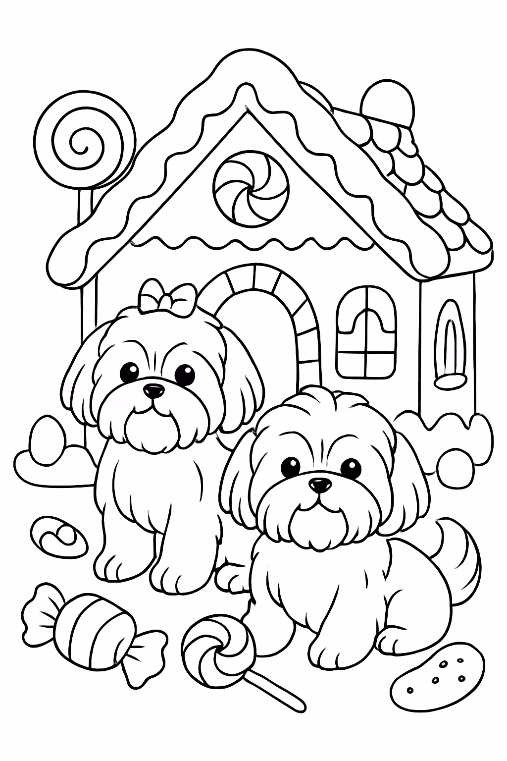 Dois cachorro da raca shitzu em uma casa feito de para colorir — desenho para imprimir
