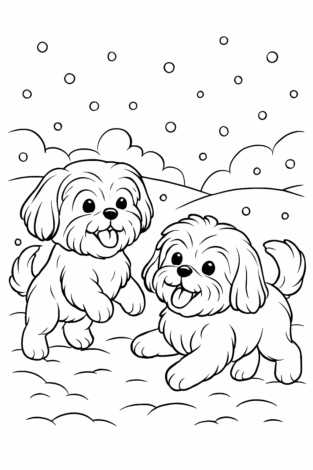 Dois cachorros da raca shitzu macho brincando na neve para colorir — desenho para imprimir