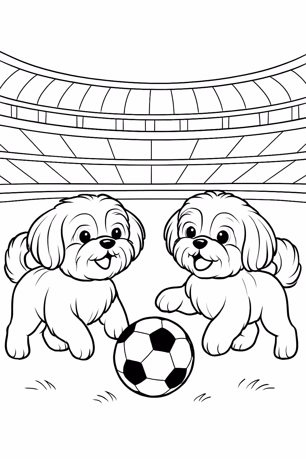 Dois cachorros da raca shitzu macho jogando bola no maracana para colorir — desenho para imprimir