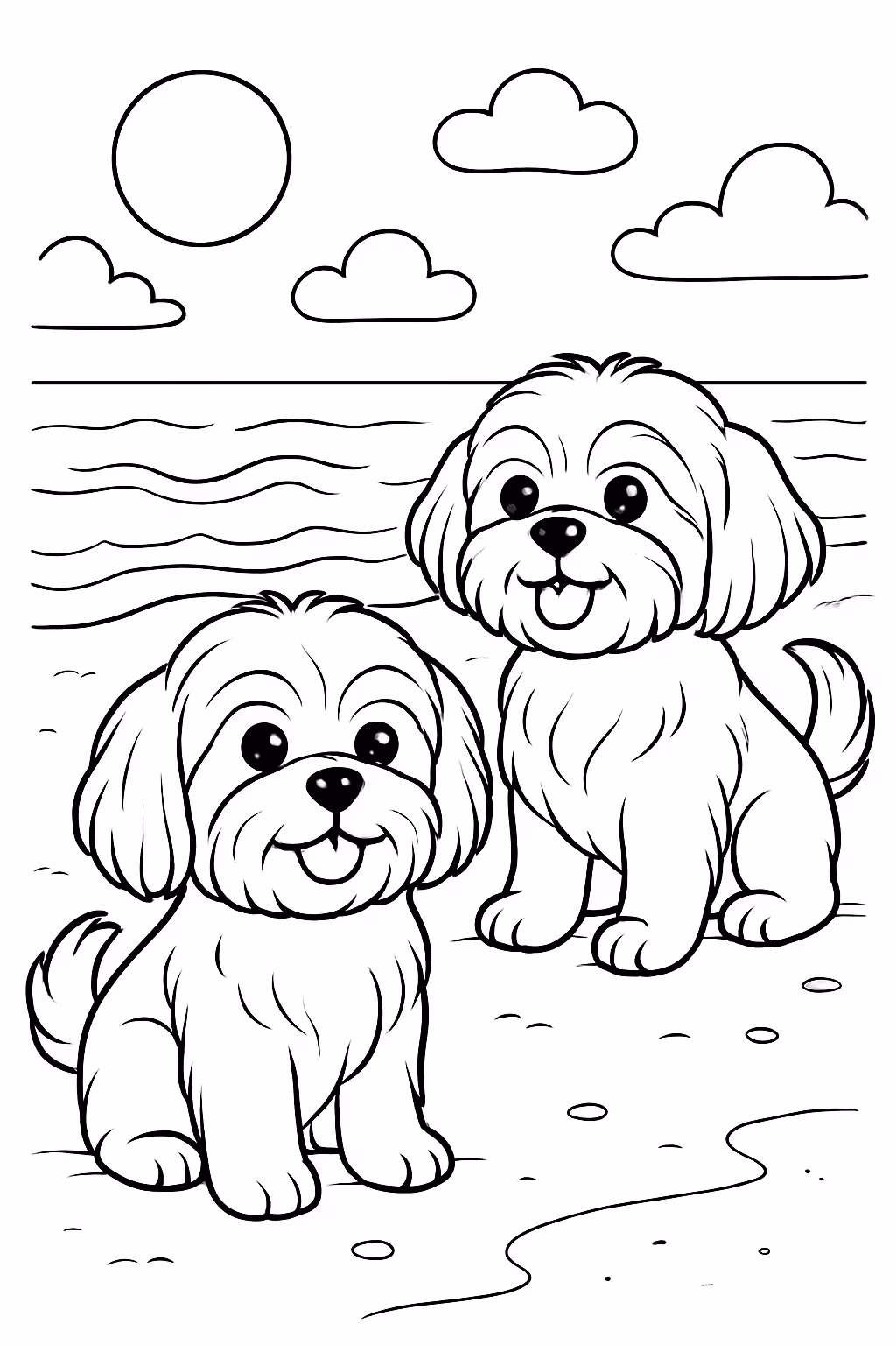 Dois cachorros da raca shitzu macho na praia para colorir — desenho para imprimir