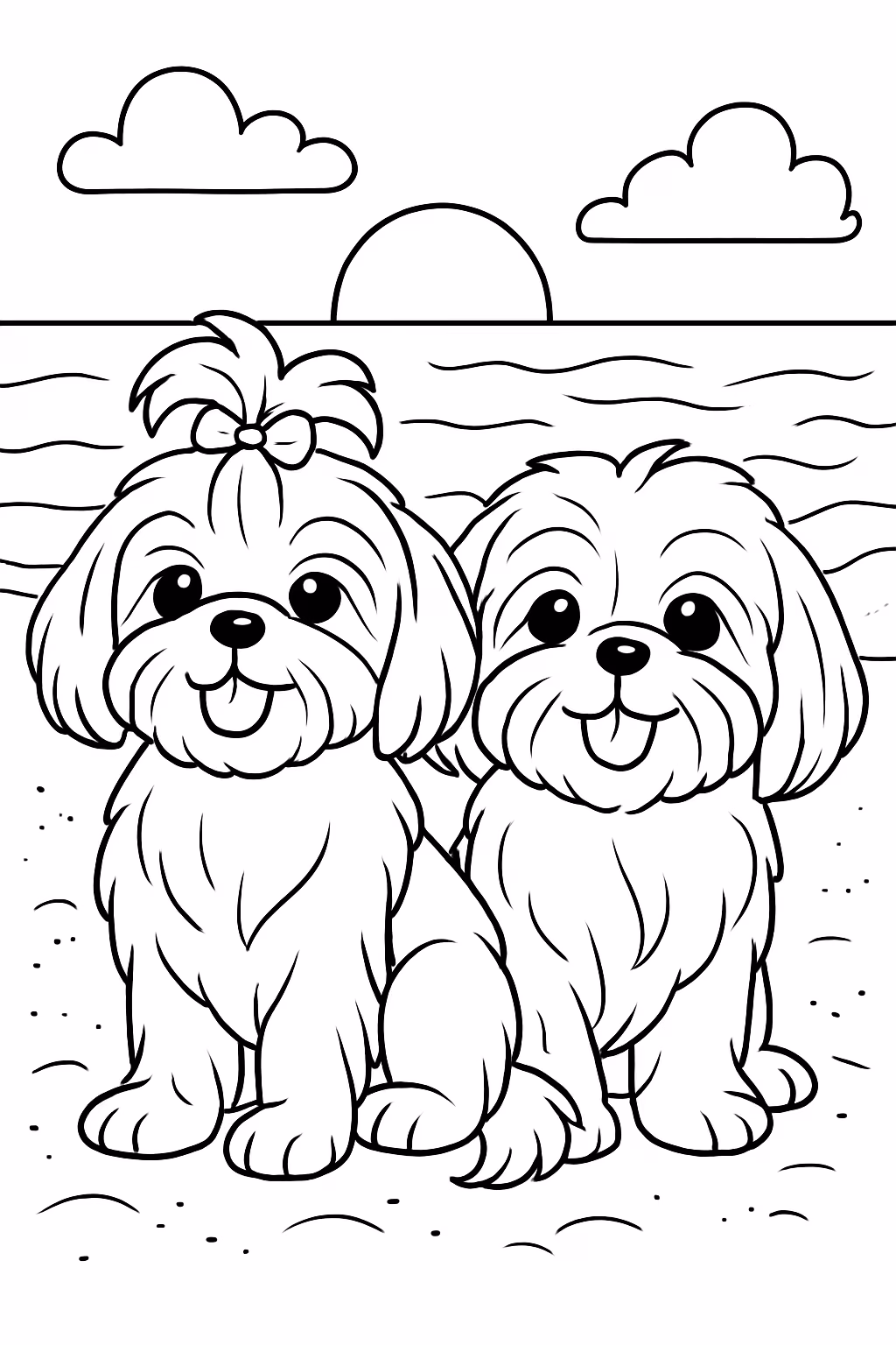 Dois cachorros da raca shitzu na praia para colorir — desenho para imprimir