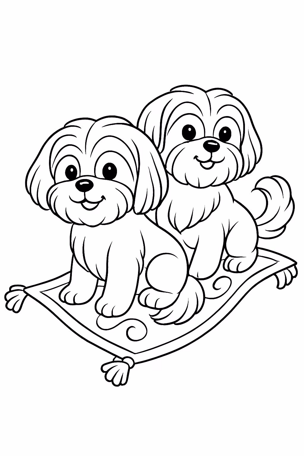 Dois cachorros machos da raca shitzu andando de tapete magico para colorir — desenho para imprimir