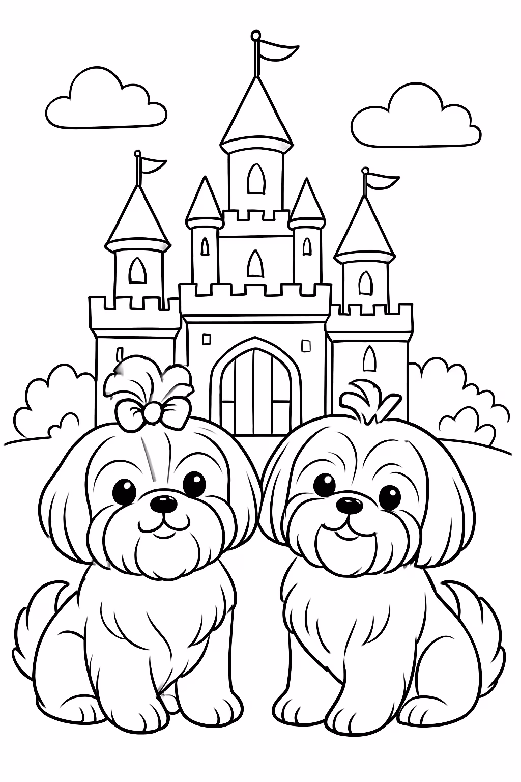 Dois cachorros machos da raca shitzu de principe com um para colorir — desenho para imprimir