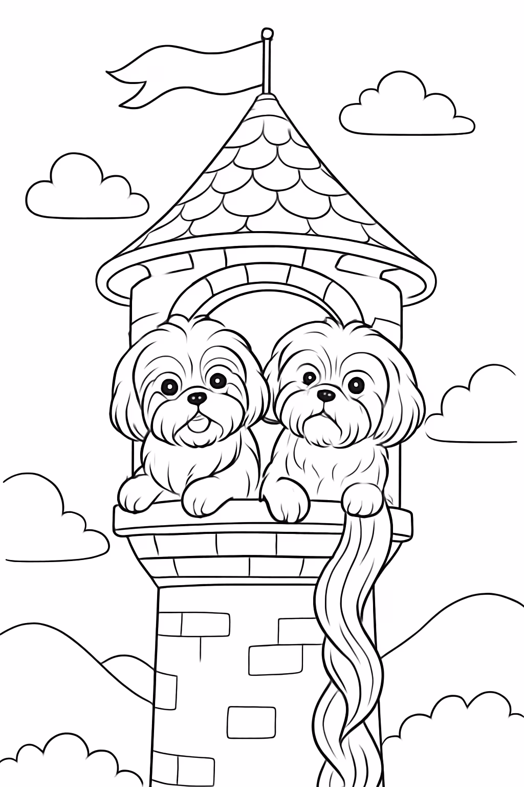 Dois cachorros machos da raca shitzu na torre da rapunzel para colorir — desenho para imprimir