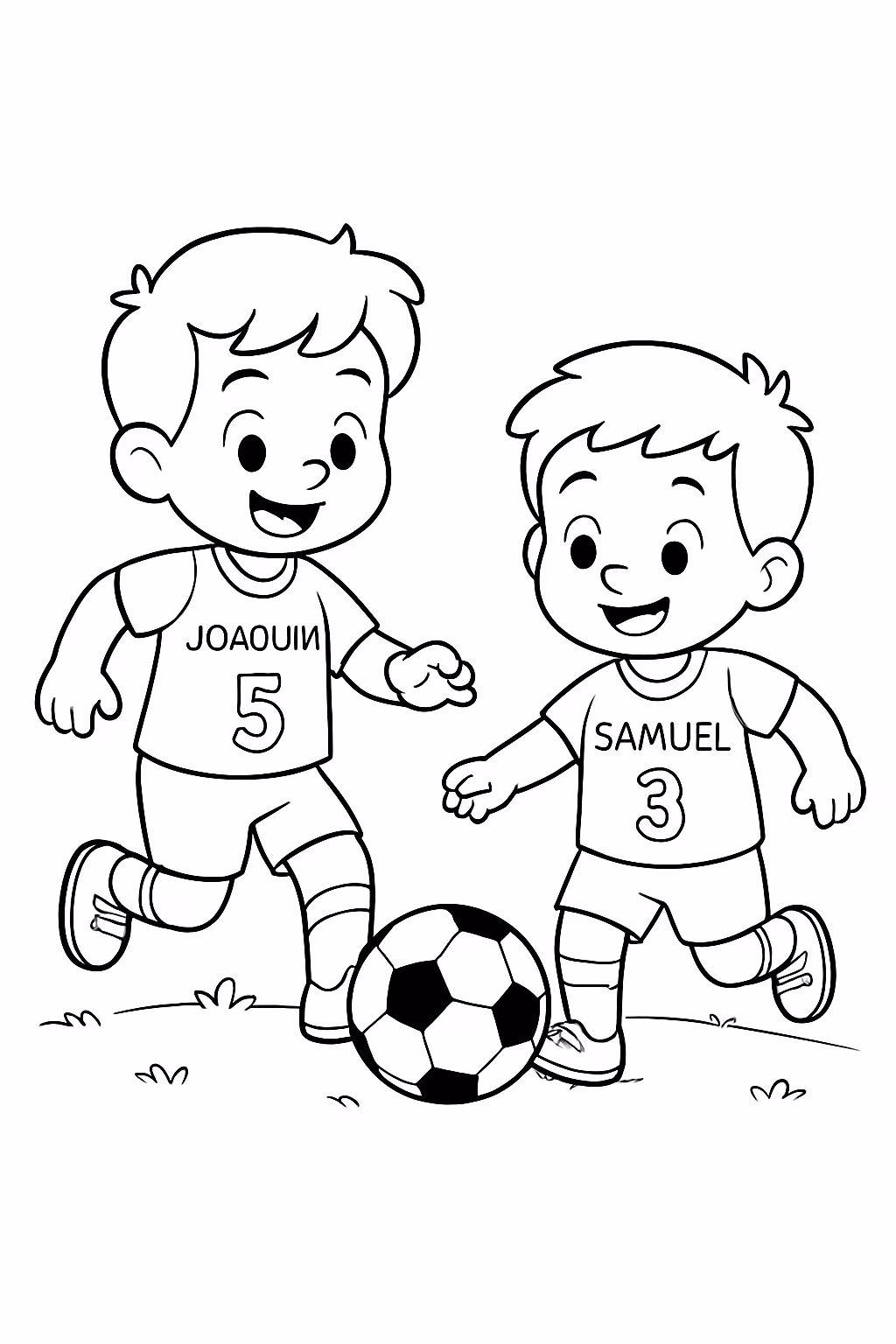 Dois irmaos de e anos jogando futebol com roupas de para colorir — desenho para imprimir