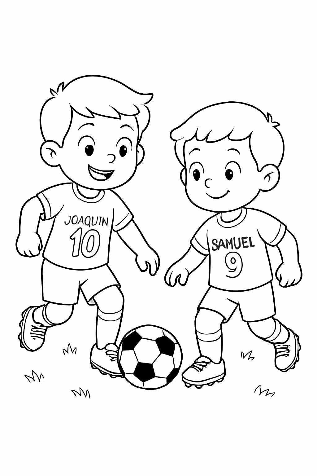 Dois irmaos de e anos jogando futebol com roupas de para colorir — desenho para imprimir