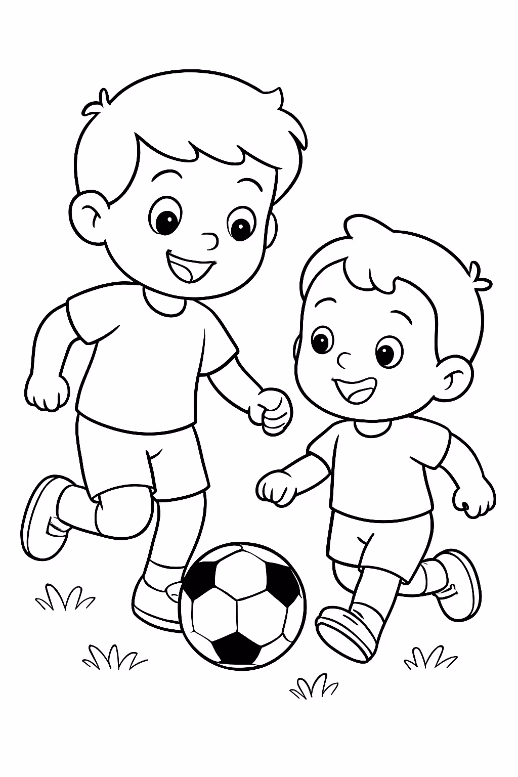 Dois irmaos de e anos jogando futebol joaquim e samuel para colorir — desenho para imprimir