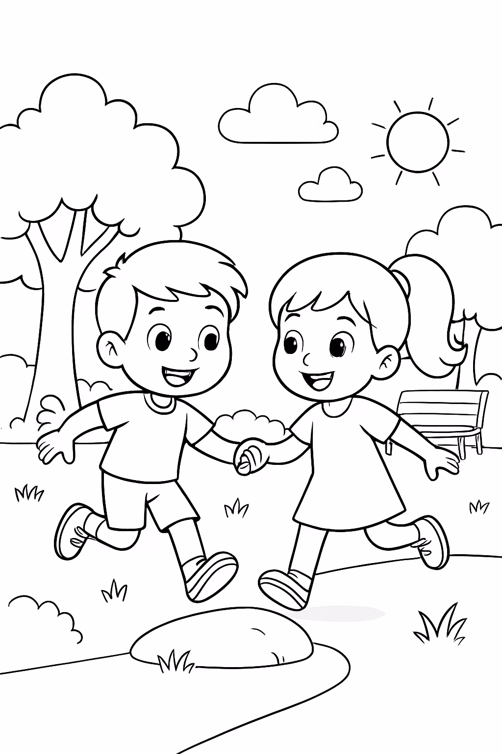 Dois irmaos no parque para colorir — desenho para imprimir