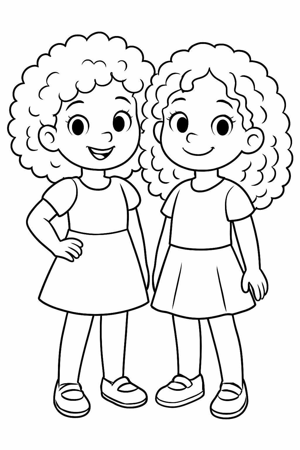 Dois meninas cacheadas para colorir — desenho para imprimir