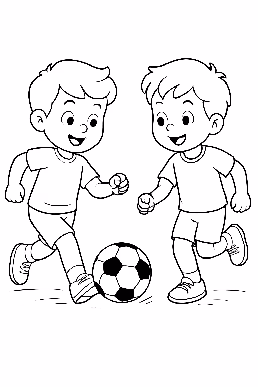 Dois menino jogando futebol para colorir — desenho para imprimir