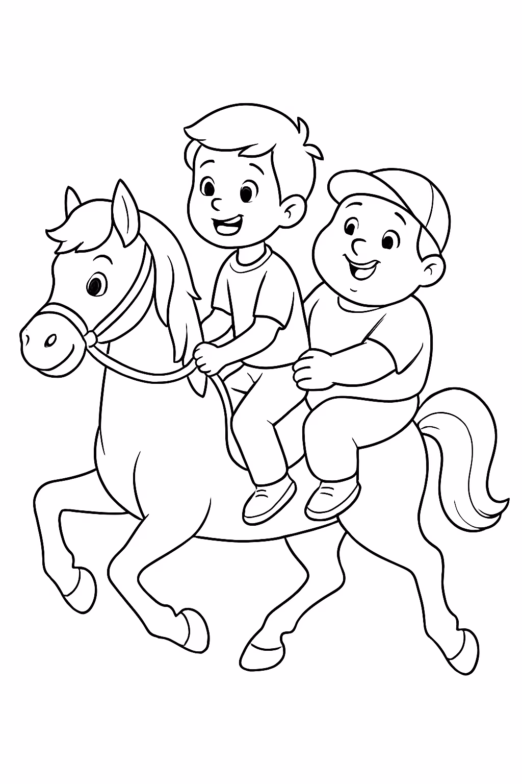 Dois meninos em um cavalo um magro dominando o cavalo para colorir — desenho para imprimir