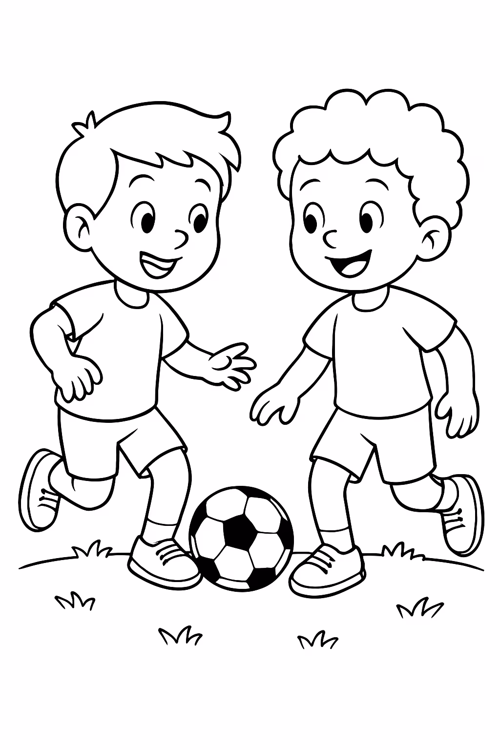 Dois meninos jogando bola para colorir — desenho para imprimir