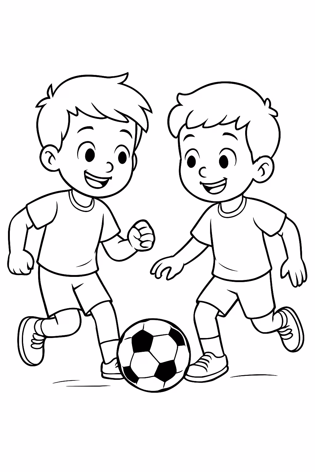 Dois meninos jogando futebol para colorir — desenho para imprimir