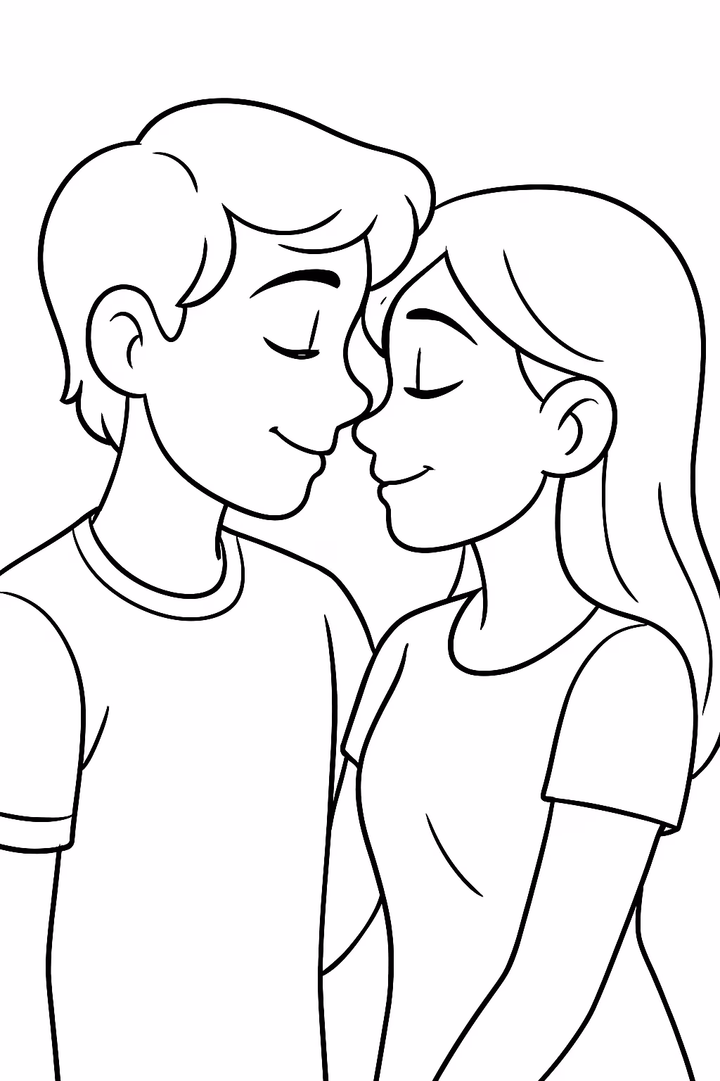 Dois namorados adolecentes com os rostos bem pertinhos para colorir — desenho para imprimir