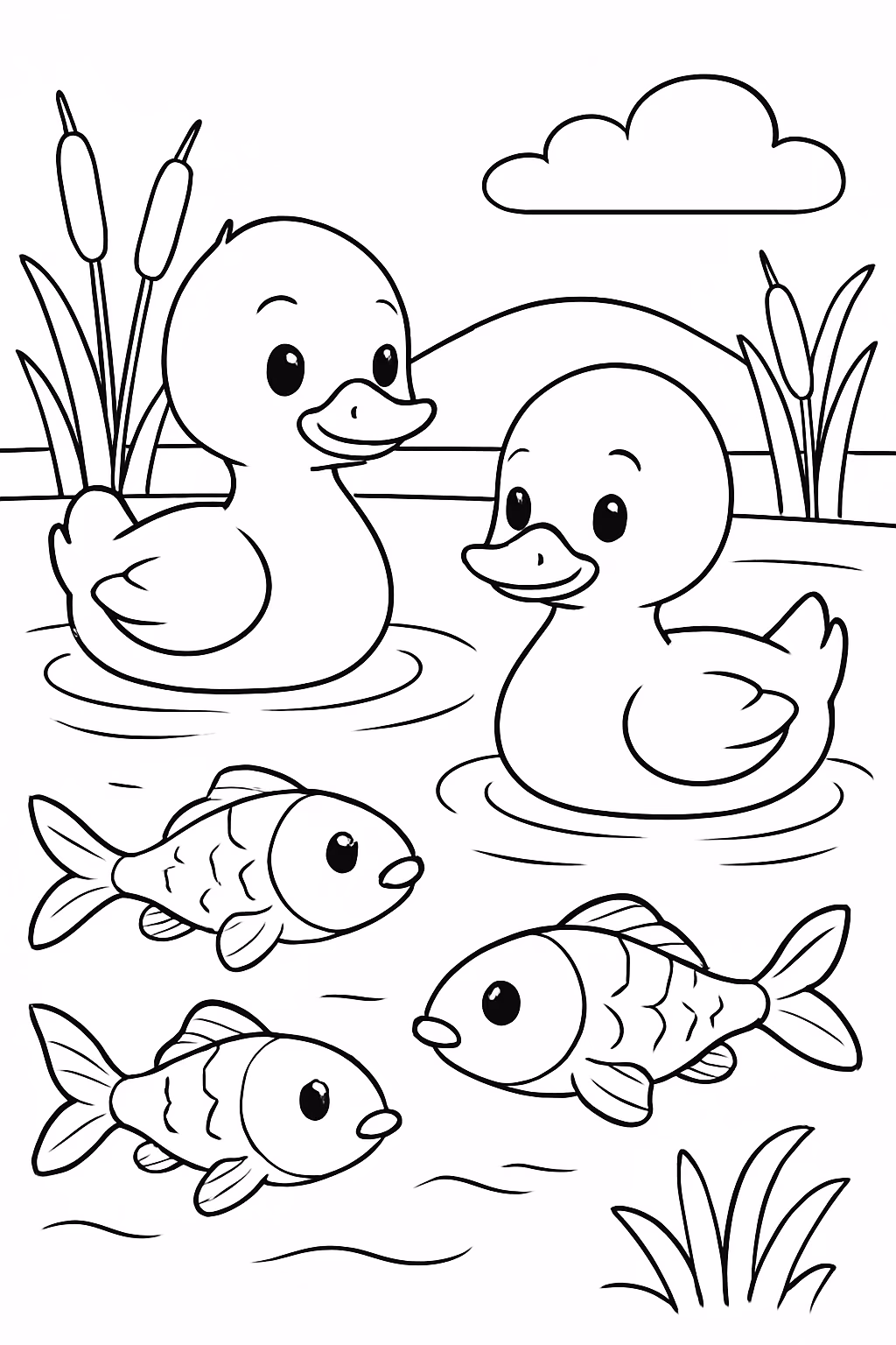 Dois patinhos em um lago com carpas embaixo d agua para colorir — desenho para imprimir