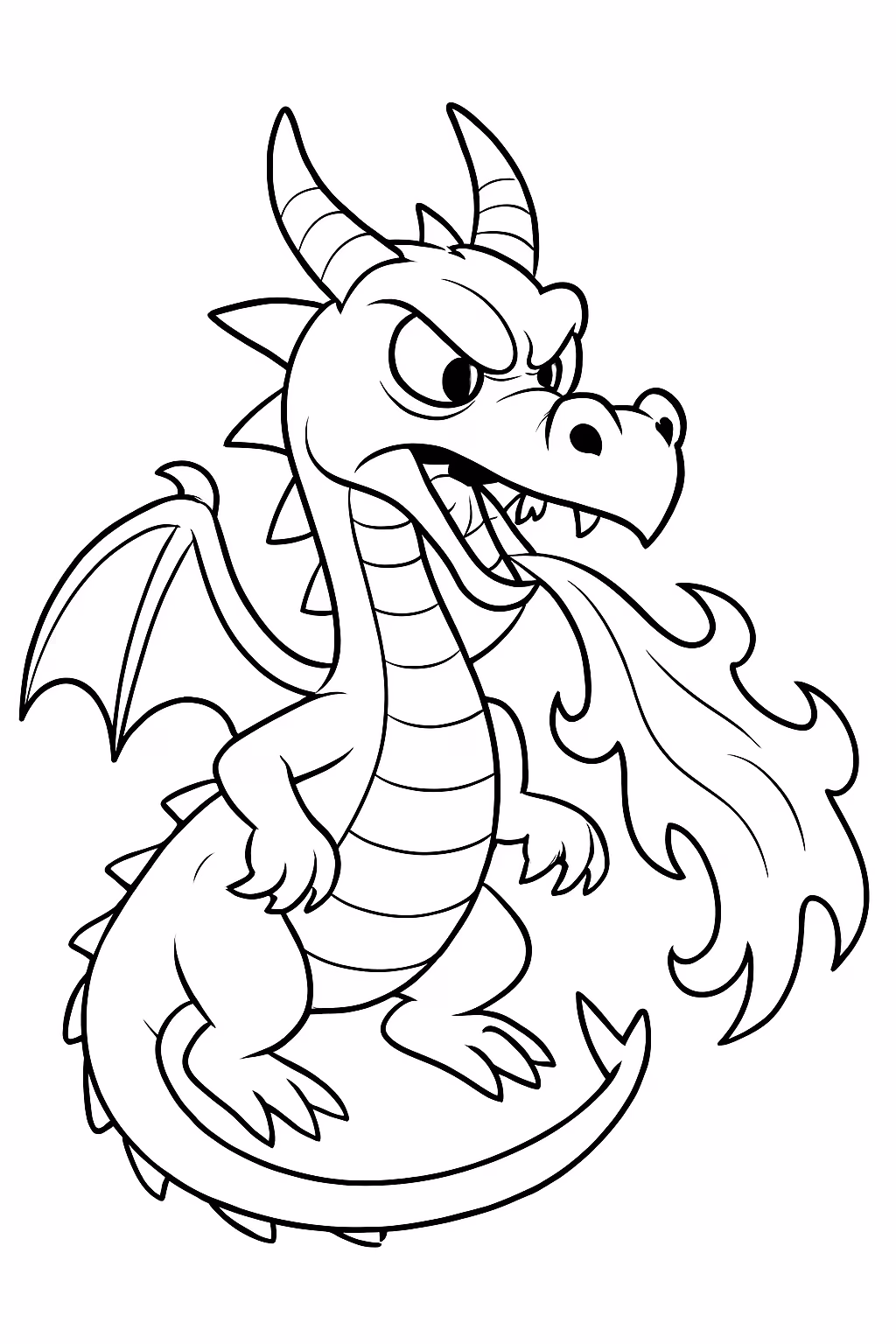 Dragao cuspindo fogo com cara de mal para colorir — desenho para imprimir
