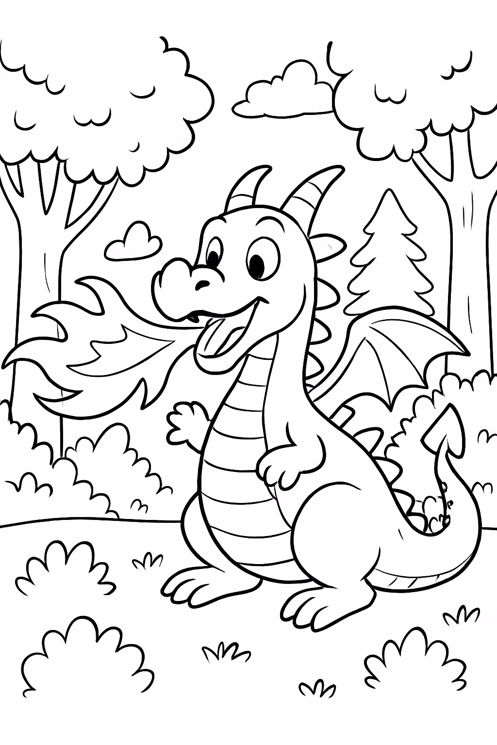 Dragao cuspindo fogo pela boca em uma floresta para colorir — desenho para imprimir