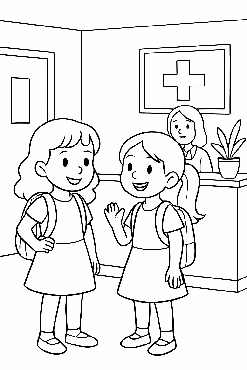 Duas amigas na recepcao de uma clinica para colorir — desenho para imprimir