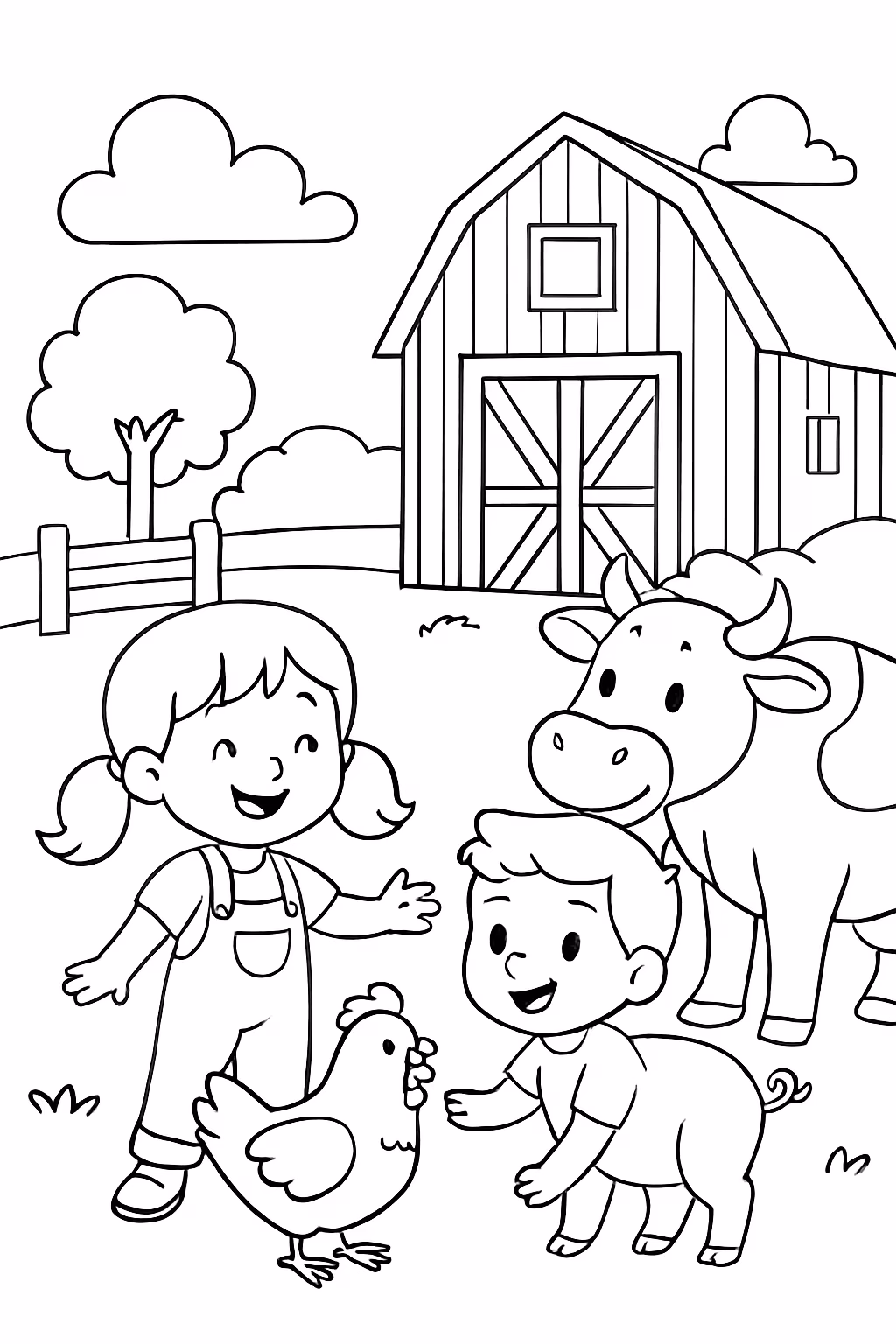 Duas criancas numa fazenda com bichos para colorir — desenho para imprimir