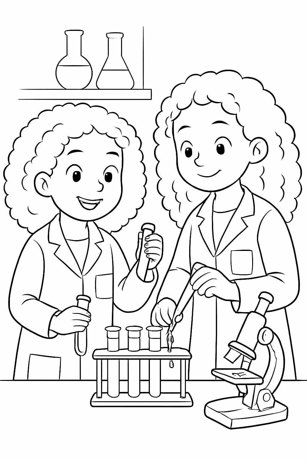 Duas irmas coletando no laboratorio sangue feliz com cabelo cacheado para colorir — desenho para imprimir