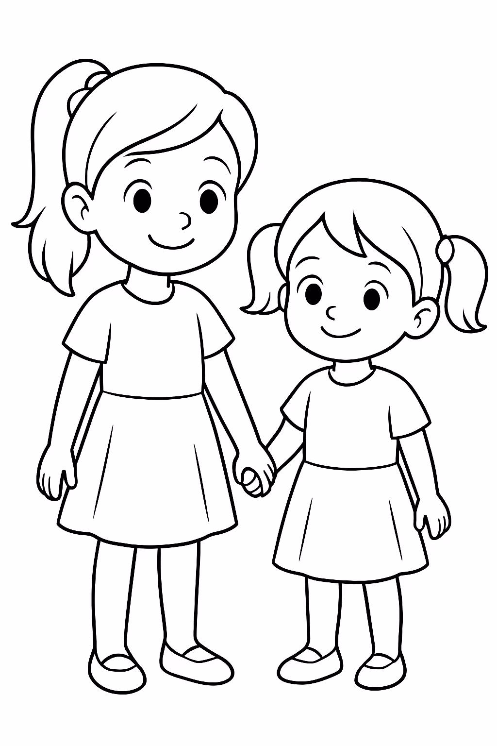 Duas irmas de maos dadas para colorir — desenho para imprimir