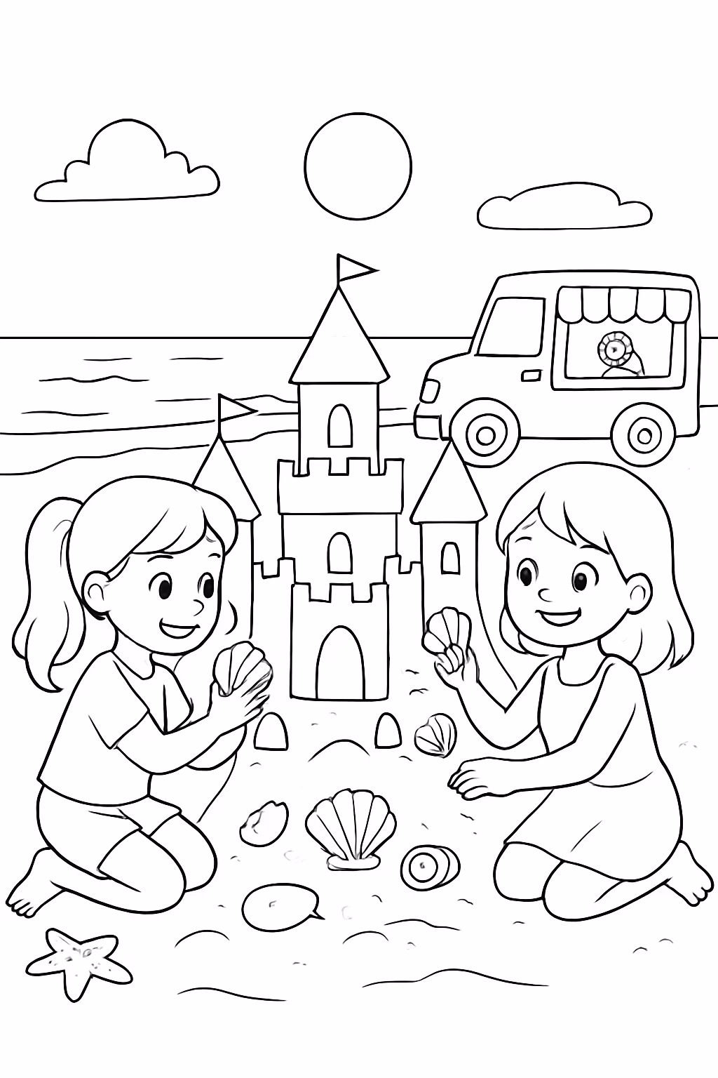 Duas meninas amigas numa praia a construir um grande castelo para colorir — desenho para imprimir