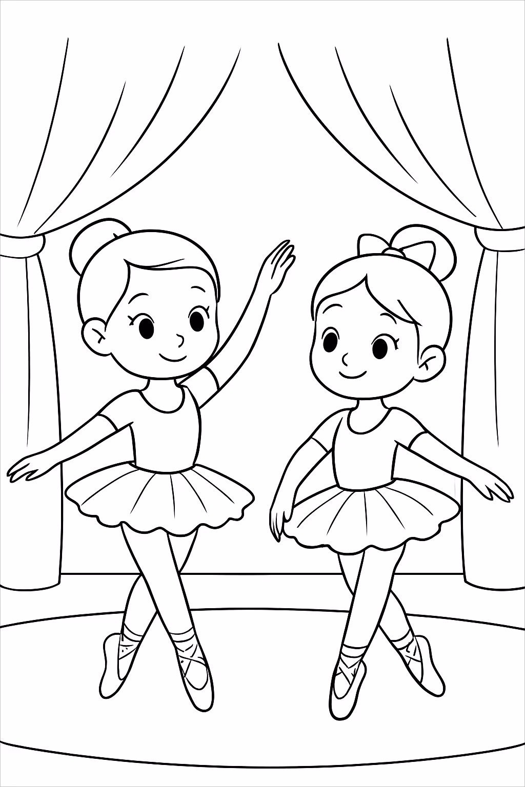 Duas meninas dancarinha de bale no palco para colorir — desenho para imprimir