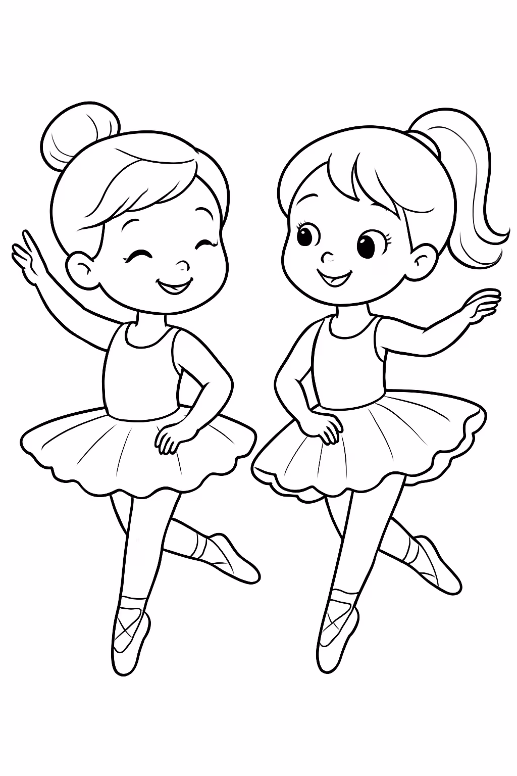 Duas meninas de roupa de bailarina dancando para colorir — desenho para imprimir