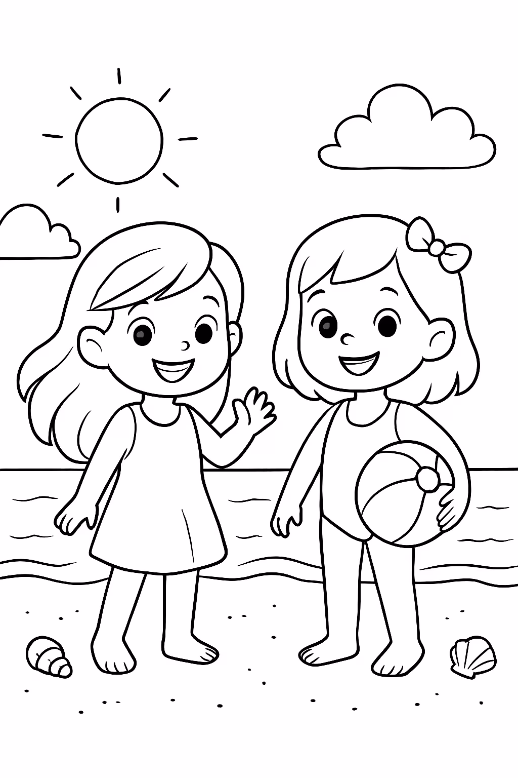 Duas meninas na praia para colorir — desenho para imprimir