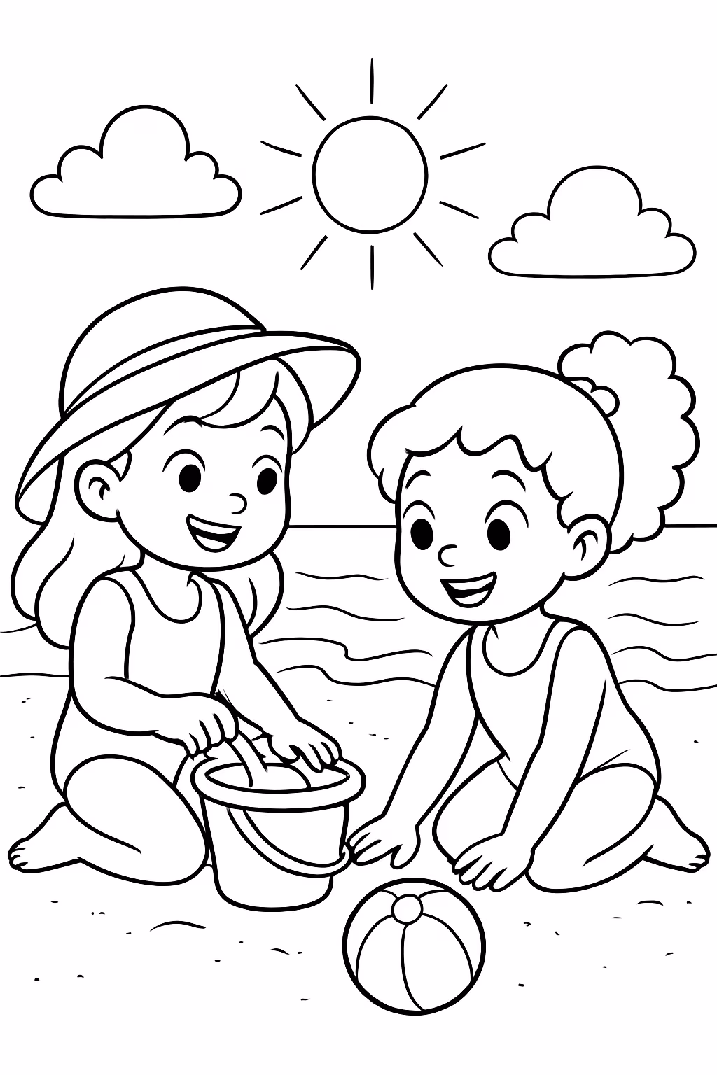 Duas meninas na praia brincando para colorir — desenho para imprimir