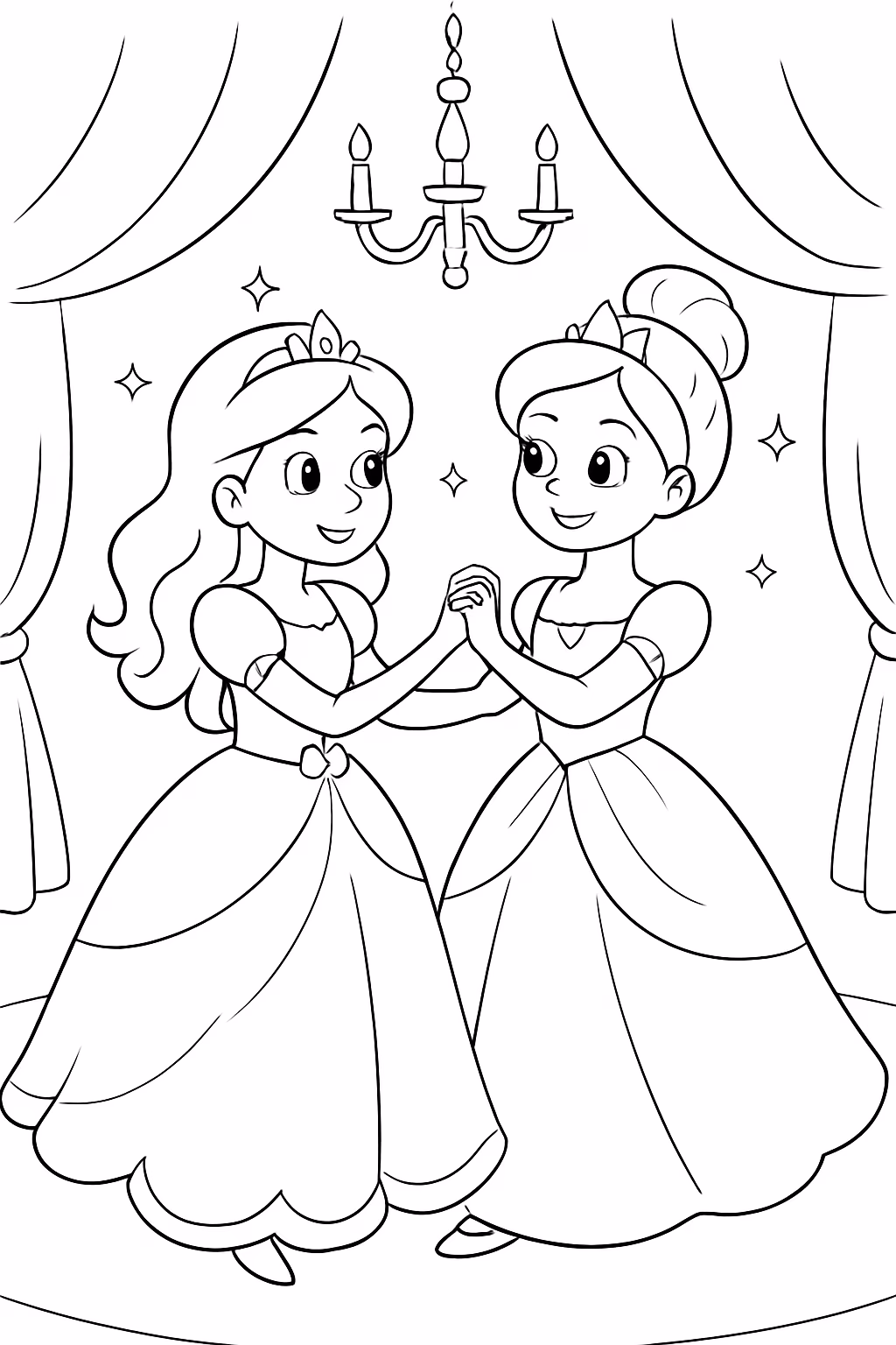 Duas princesas em um baile para colorir — desenho para imprimir