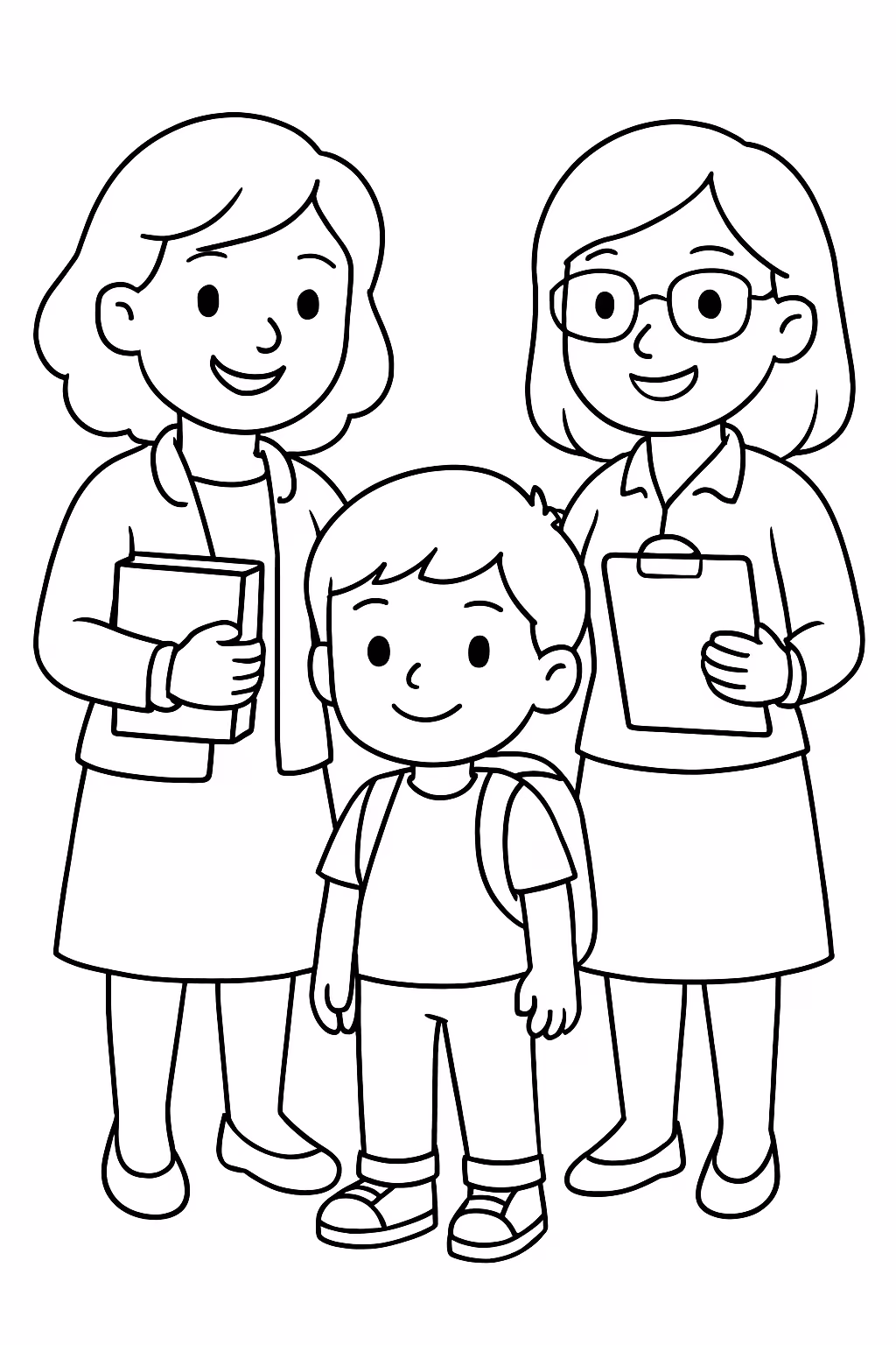 Duas professora e um aluno para colorir — desenho para imprimir