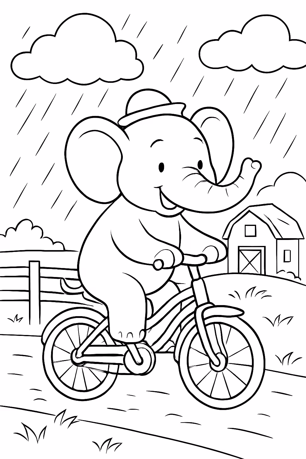 Elefante andando de bicicleta na chuva em uma fazenda para colorir — desenho para imprimir