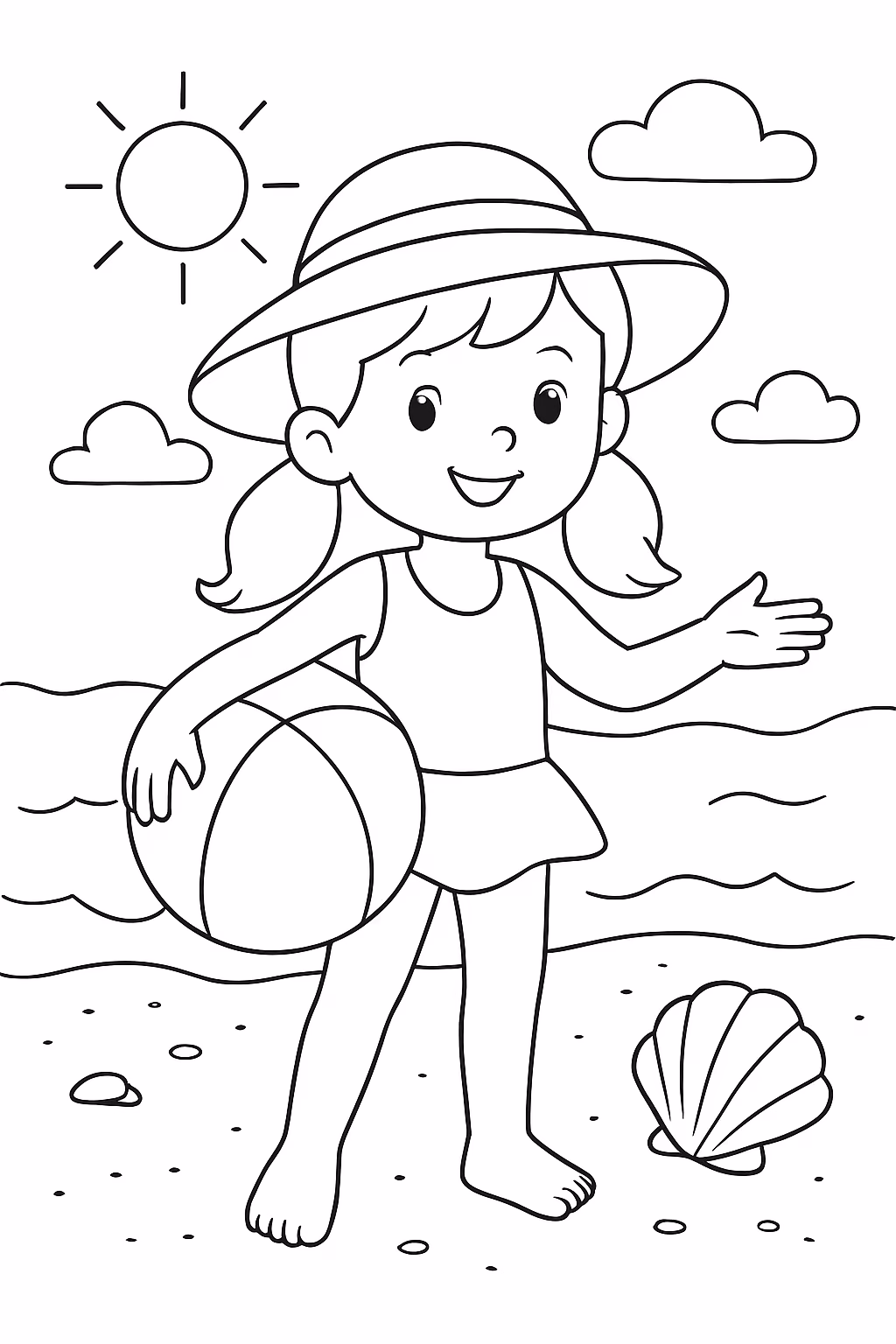 Emily na praia para colorir — desenho para imprimir
