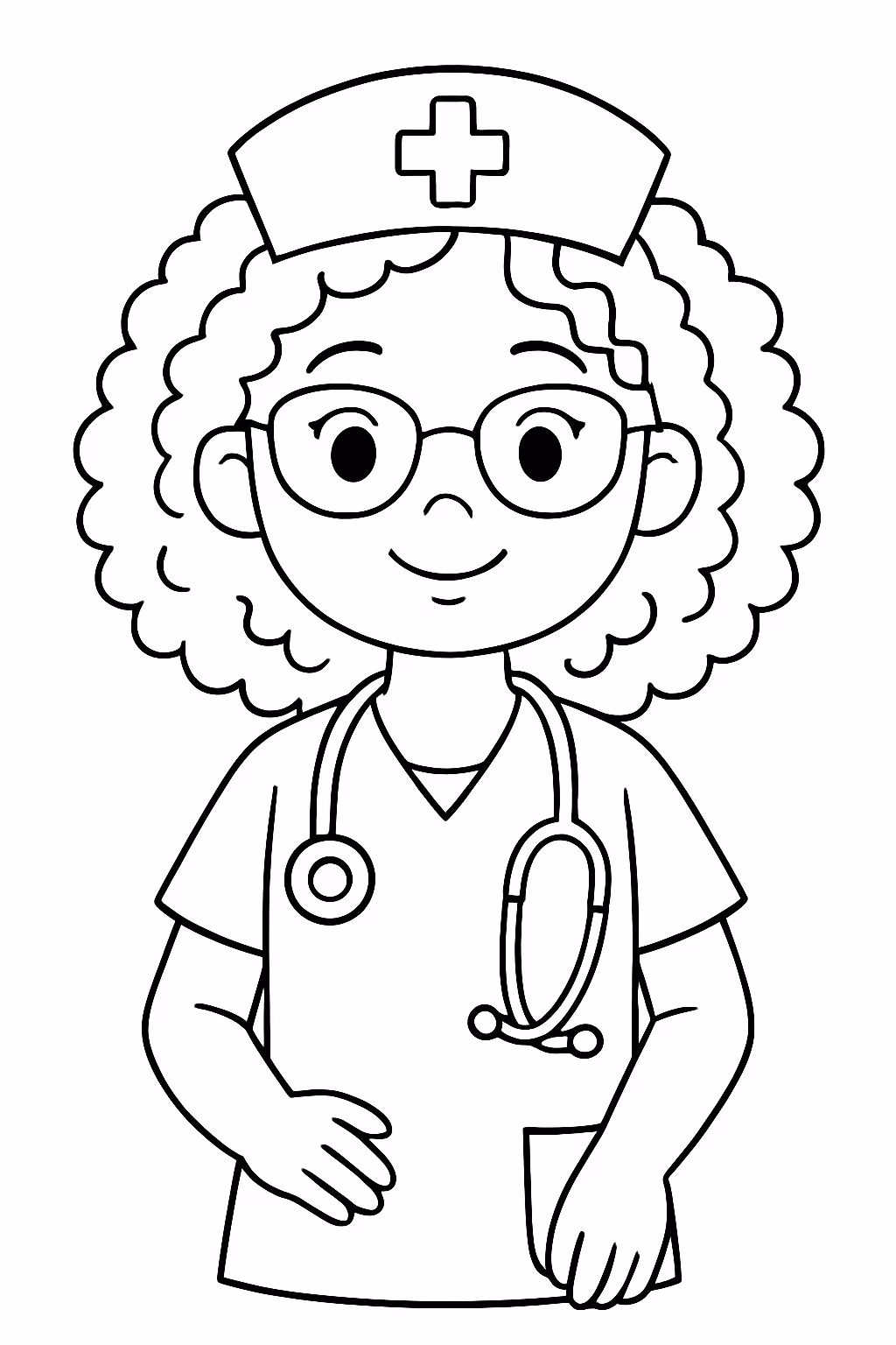 Enfermeira de cabelos cacheados e oculos para colorir — desenho para imprimir