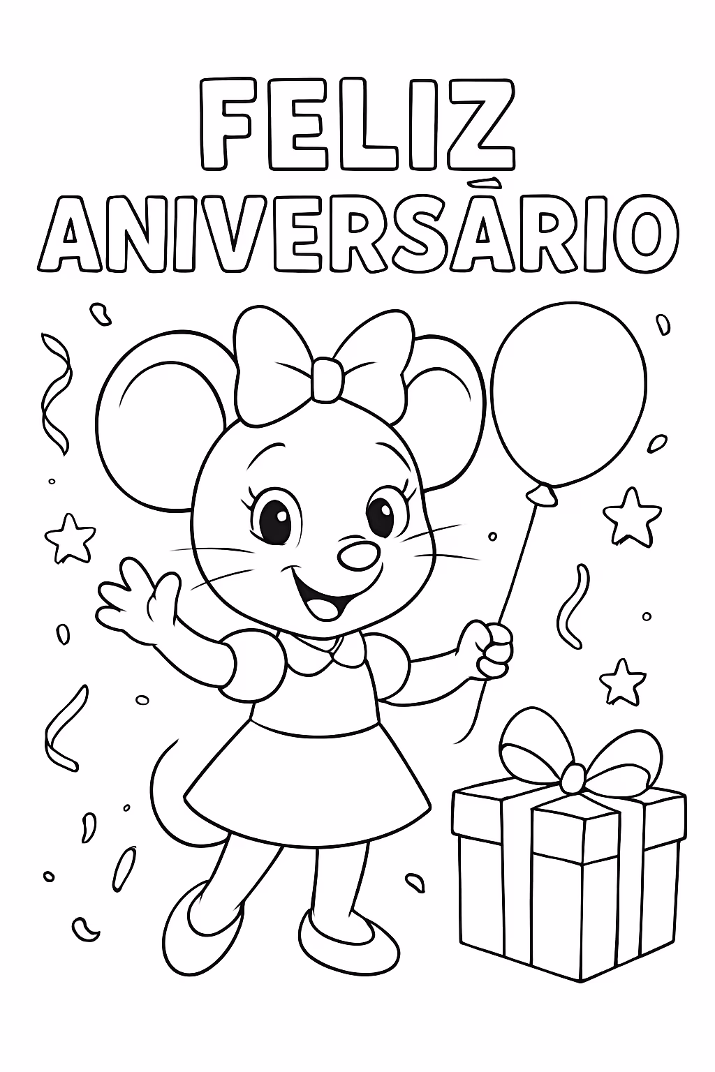 Escreva felis aniversario com a minie para colorir — desenho para imprimir