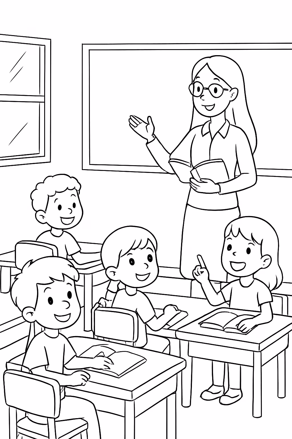 Eu quero uma sala de aula com meninos e meninas para colorir — desenho para imprimir