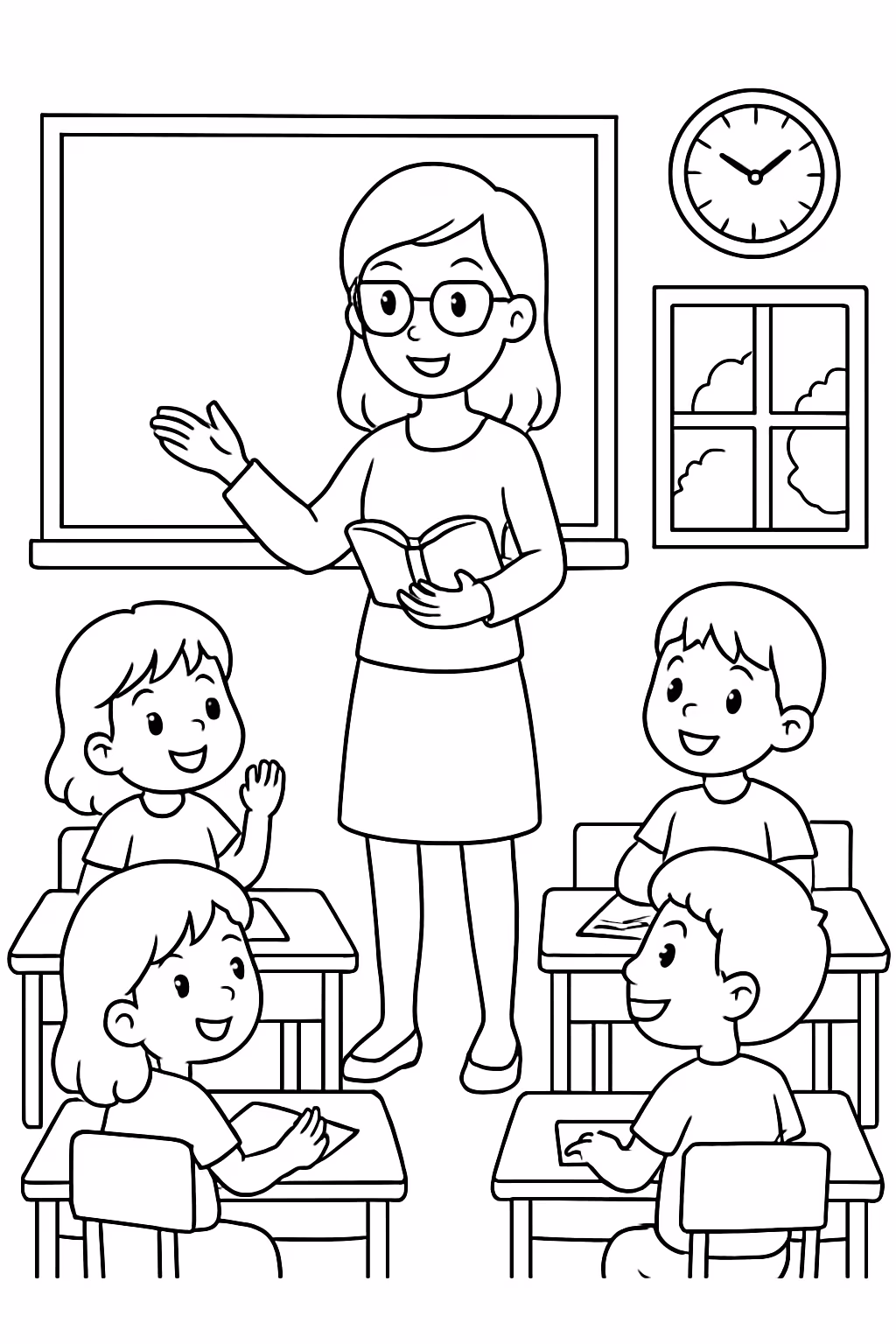 Eu quero uma sala de aula com meninos e meninas para colorir — desenho para imprimir