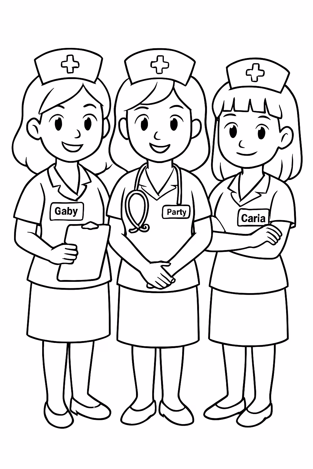 Faca tres enfermeiras com os nome gaby marci e carla para colorir — desenho para imprimir