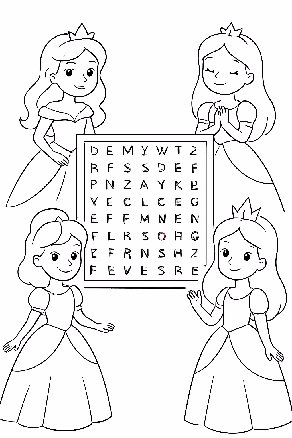 Faca um caca palavras e coloque imagem de princesas para colorir — desenho para imprimir